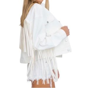 White Denim Leather Fringe Jacket